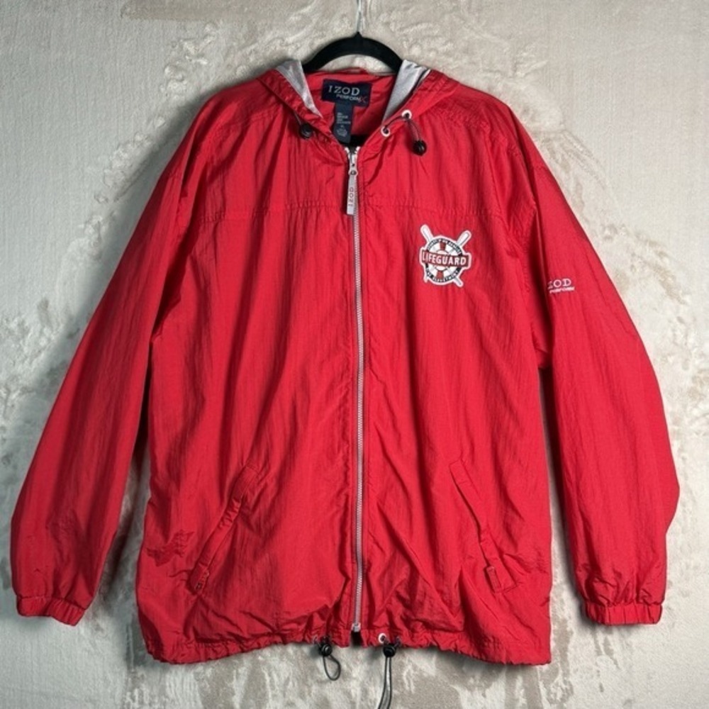 LA County Lifeguard Jacket Izod Red Hooded Windbreaker  Beach Rescue Mens L